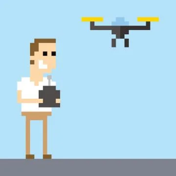 Pixel Art Image Of Man Flying Drone Using Remote Control イラスト素材