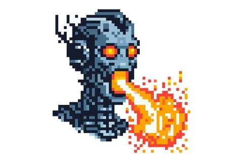 A pixel art image of a robotic head with glowing red eyes breathing fire fr.. Stock Illustration