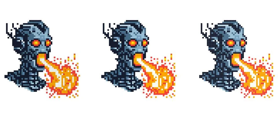 A pixel art image of a robotic head with glowing red eyes breathing fire fr.. Stock Illustration