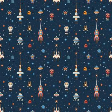 Pixel Art Inter Galactic Adventure Space Pattern Stock Illustration