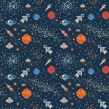 Pixel Art Inter Galactic Adventure Space Pattern Stock Illustration