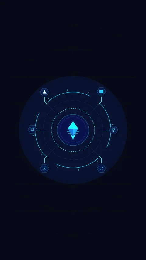 Pixel art interface with glowing digital circle hud and data connection ele.. Stock Footage 348343314