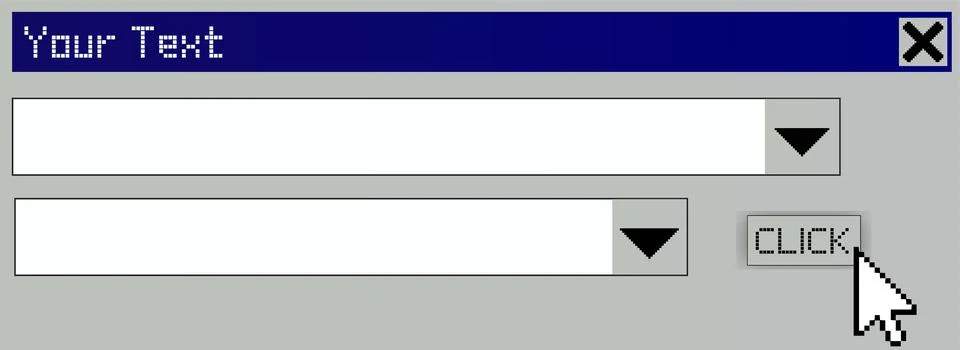 Pixel-art interface window is showing form fields and clickable button, Illustrazione stock