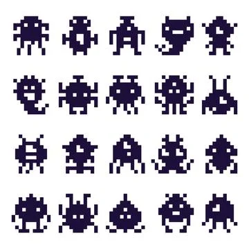 Pixel art invaders silhouette. Space invader monster game, pixels robots an.. Illustrazione stock