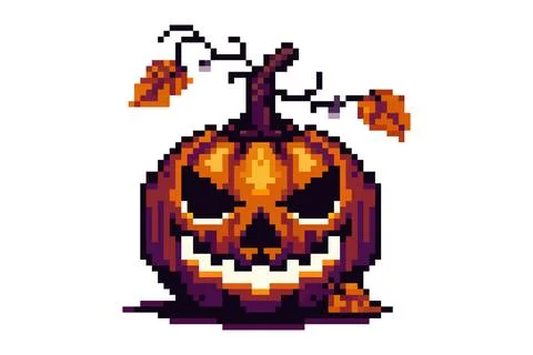 A pixel art jack-o'-lantern with a sinister grin glowing eyes autumn leaves.. Stock Illustration
