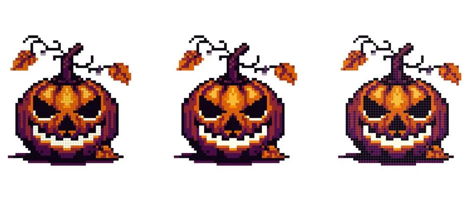 A pixel art jack-o'-lantern with a sinister grin glowing eyes autumn leaves.. Stock Illustration