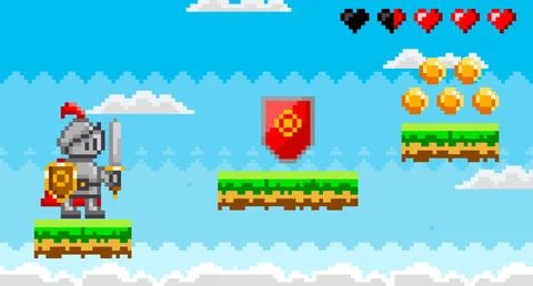 Pixel Art Knight in Side-Scrolling 2D Game Environment with Coins and Hearts Stock Illustration