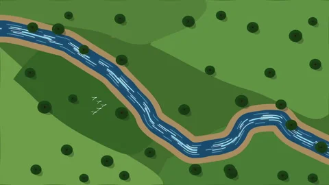 Pixel art landscape animation featuring winding river flowing through green Stock Footage 346739504