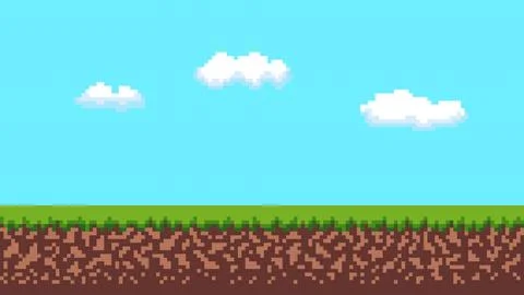 Pixel art landscape with green grass blue sky and clouds. Retro game background. Stockillustratie