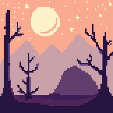 Pixel art landscape sunset trees, and mountains Stock Illustration