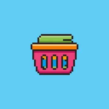 Pixel art Laundry Basket with Clothes game asset design Stock Illustration
