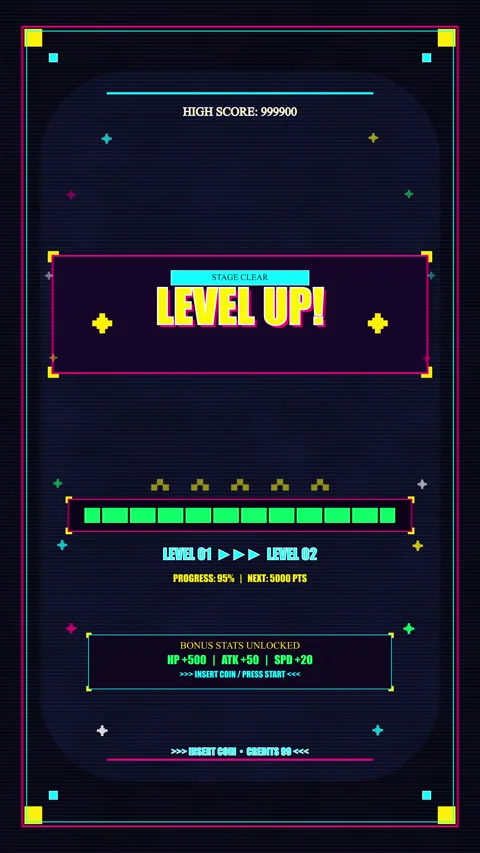 Pixel art level up animation video game interface loading progress bar Stock Footage 346739646