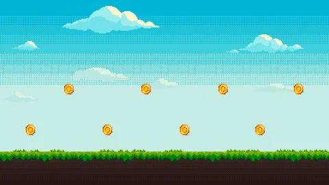 Pixel art level background with coins. Seamless vector illustration. 库存插图