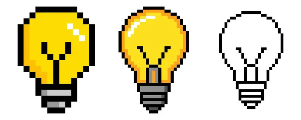 Pixel art Light bulb vector 8 bit lamp icon logo. Idea icon, thinking, solu.. Stock Illustration