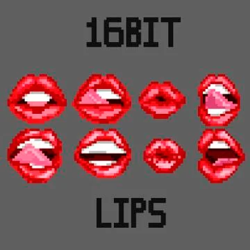 Pixel art lips stickers. Set of vector illustrations of sexy female lips. Stock Illustration