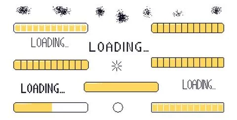 Pixel art loading bar interface. 8 bit game progress button elements set and 스톡 일러스트