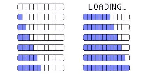 Pixel art loading bar interface. 8 bit game progress button elements set and Illustrazione stock
