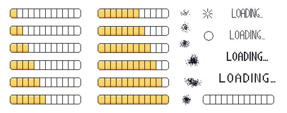 Pixel art loading bar interface. 8 bit game progress button elements set and 스톡 일러스트