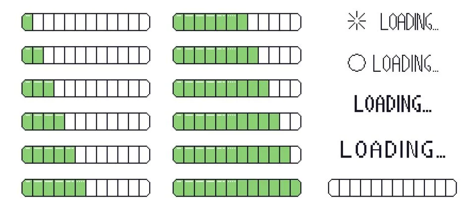 Pixel art loading bar interface. 8 bit game progress button elements set and Stock Illustration