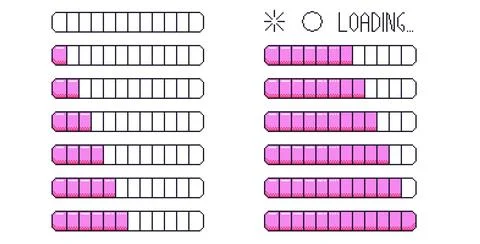 Pixel art loading bar interface. 8 bit game progress button elements set and Stock Illustration