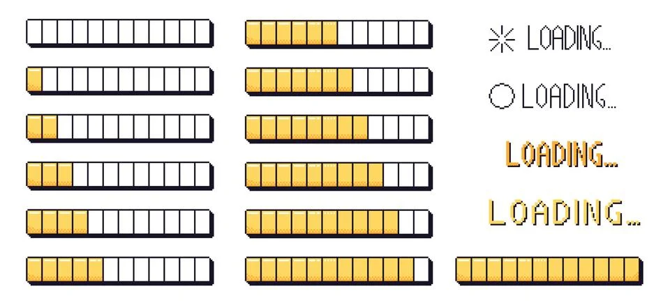 Pixel art loading bar interface. 8 bit game progress button elements set and Stock Illustration