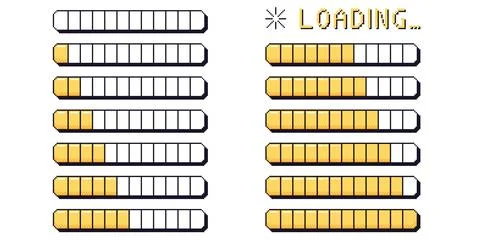 Pixel art loading bar interface. 8 bit game progress button elements set and Illustrazione stock