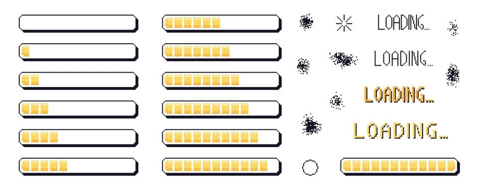 Pixel art loading bar interface. 8 bit game progress button elements set and Illustrazione stock