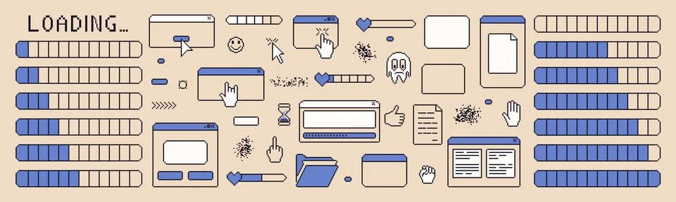 Pixel art loading elements. Windows interface vintage. 8 bit browser and menu Stockillustratie
