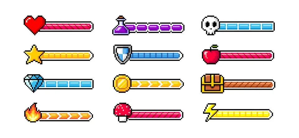 Pixel art loading progress bar. Loader process status for game 8 bit. Arcade Stock Illustration