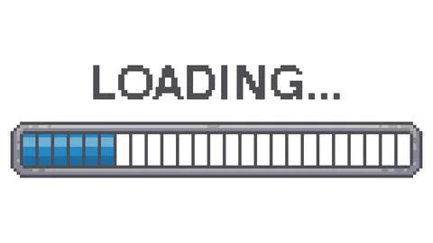 Pixel art loading screen. Retro video game download progress bar. Pixelated.. Illustrazione stock