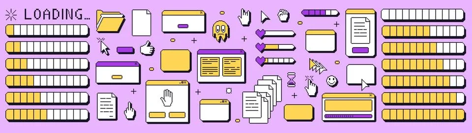 Pixel art loading windows interface. 8 bit browser and popup elements with 스톡 일러스트