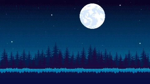 Pixel art location with forest at night with moon and stars. Seamless landscape 库存插图