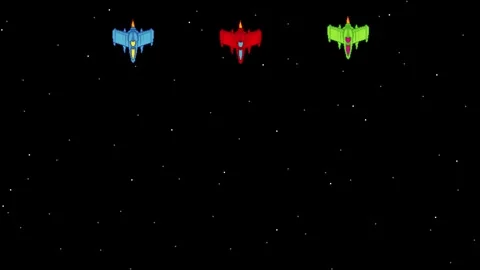 Pixel art loop animation of spaceships with parallax star background Stock Footage 317121276
