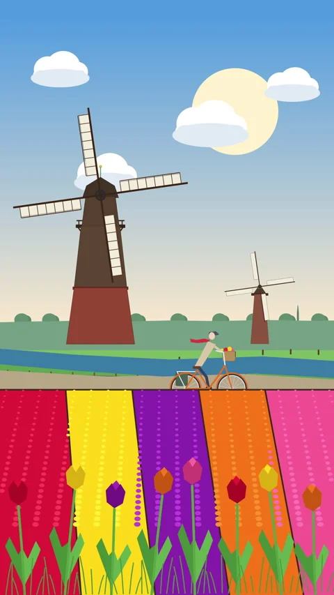 Pixel art loop of a cyclist riding past Dutch windmills and colorful tulip Stock Footage 346739735