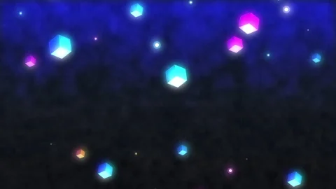 Pixel art loop featuring glowing neon cubes floating against dark blue Stock Footage 346739738