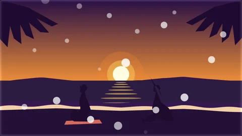 Pixel art loop of sunset beach with people meditating and snow falling Stock Footage 346550795