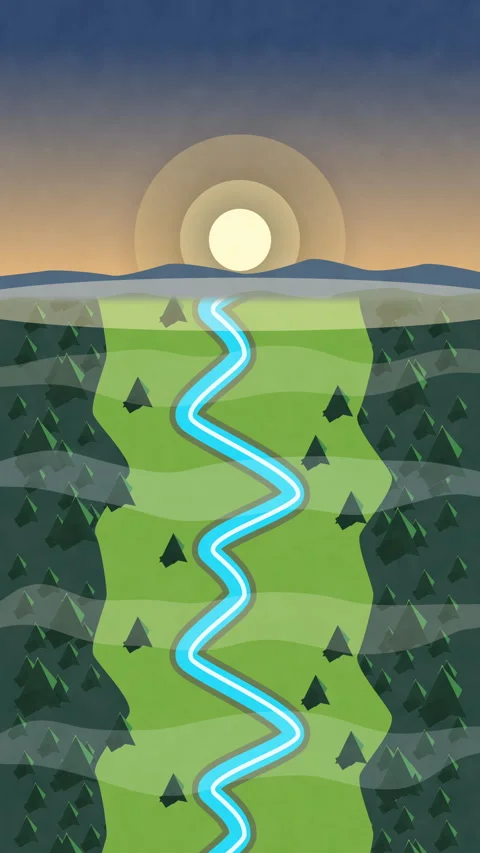 Pixel art loop of winding river and sunset, retro landscape animation Stock Footage 346739767