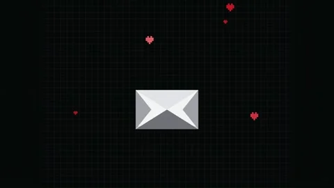 Pixel Art Love Envelope with Floating Red Hearts on Dark Grid Stock Footage 332413844