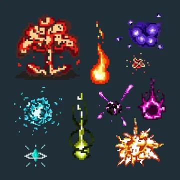 Pixel art of magical explosions and effects set Stock Illustration