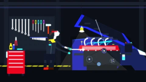 Pixel art mechanic fixing car engine in dark garage animation Stock Footage 346543361