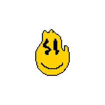 Pixel art melting smiley face. Dripping yellow smiley in retro pixelated style. Stock Illustration