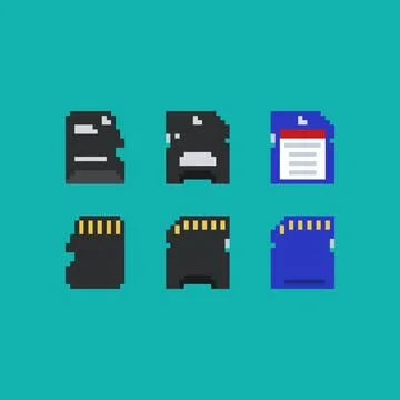Pixel art memory card vector 8 bit icon set on light blue background. Video game Stock Illustration