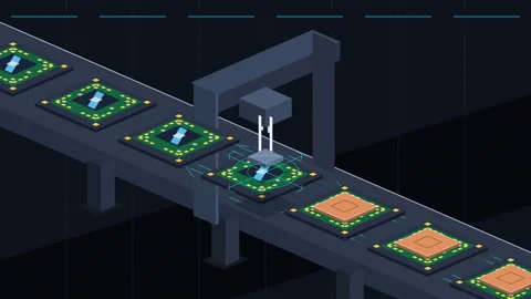 Pixel art microchip and circuit board conveyor belt animation loop 스톡 동영상 347249995