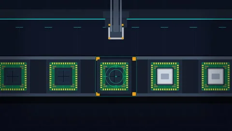 Pixel art microchip processor assembly on a factory conveyor belt 스톡 동영상 347249340