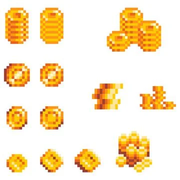 Pixel art money and stack of golden coins. Illustrazione stock