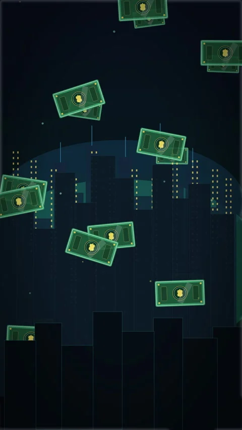 Pixel art money falling over city loop animation Stock Footage 346550820