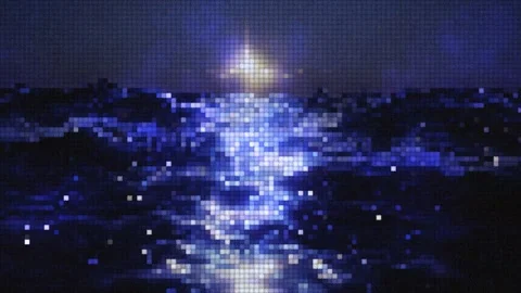 Pixel art moonlight reflecting on dark ocean waves. Retro 8-bit night sea Stock Footage 341748463