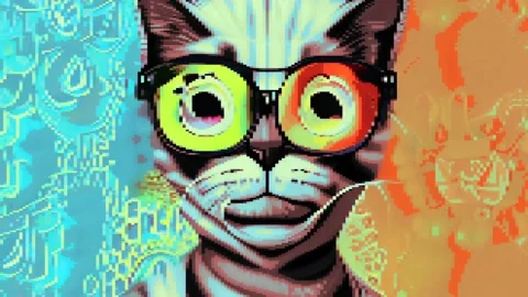 Pixel Art Motion Animation Loop Portrait Cat With Funny Glasses Video stock 219427917