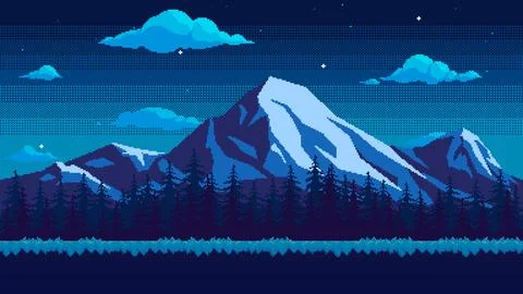 Pixel art mountain background at night. Grassy ground against the backdrop of a Illustrazione stock
