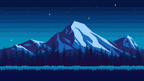Pixel art mountain background at night. Grassy ground against the backdrop of a イラスト素材